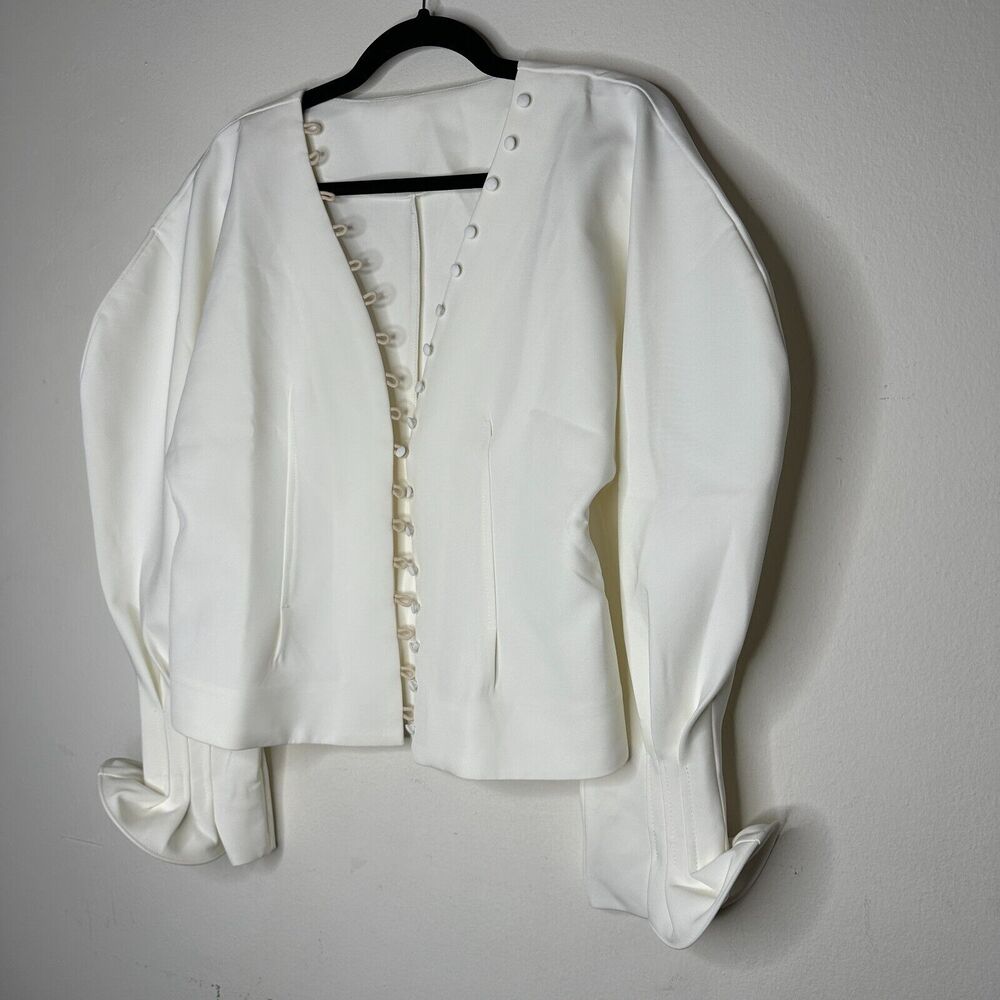 Cream V-Neck Loop & Button Front Balloon Pleated Cuff Sleeve Crop Blouse Med - Picture 4 of 11